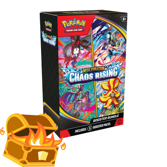 Pokémon TCG Mega Evolution Chaos Rising Booster Bundle box with 6 booster packs, featuring Mega Greninja, Mega Floette and Mega Pyroar art