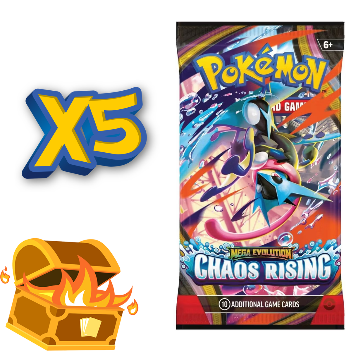 5-pack bundle of Pokémon TCG Mega Evolution Chaos Rising booster packs with Mega Greninja pack art