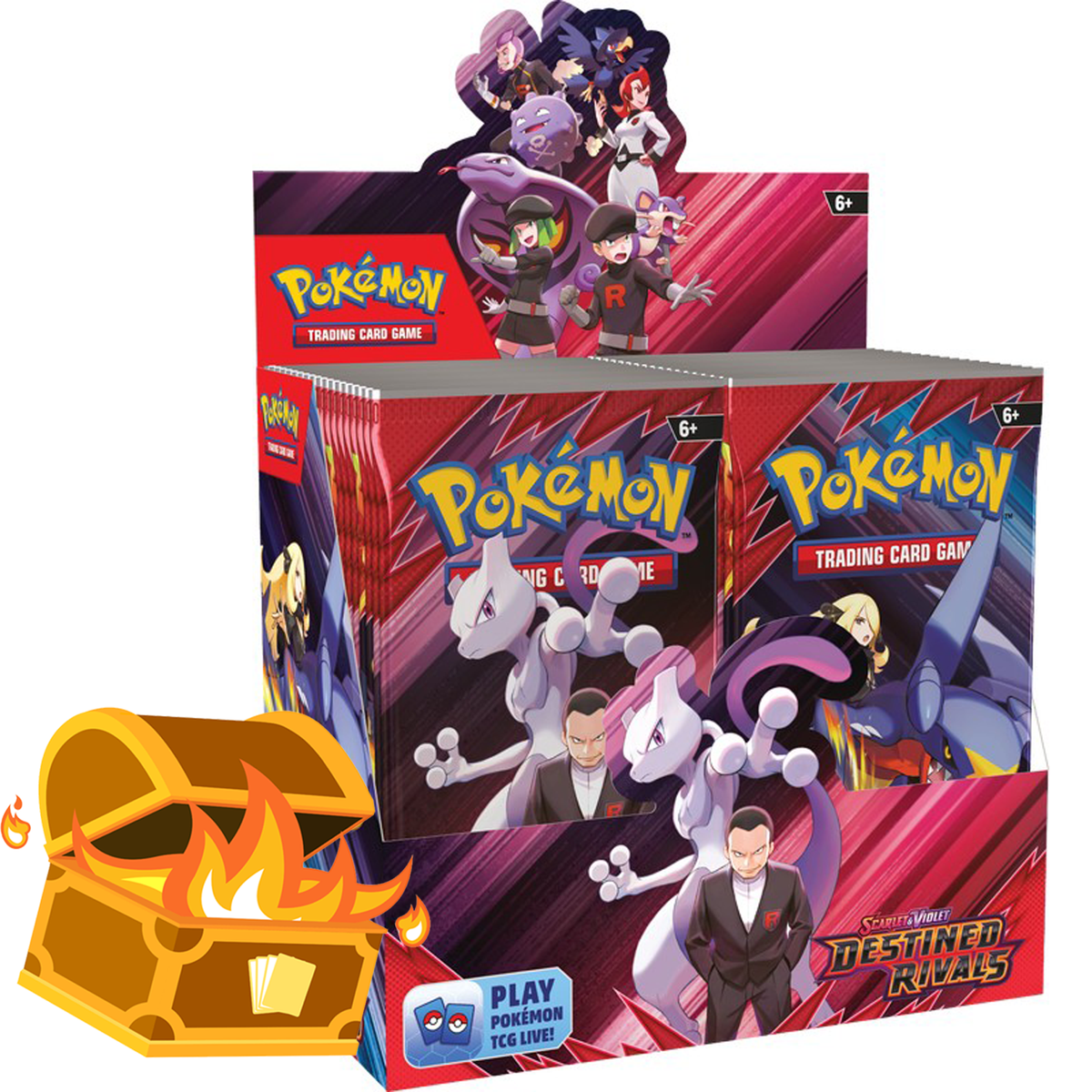 Pokémon TCG Scarlet & Violet Destined Rivals booster box with 36 booster packs, featuring Team Rocket's Mewtwo ex