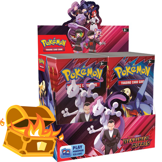 Pokémon TCG Scarlet & Violet Destined Rivals booster box with 36 booster packs, featuring Team Rocket's Mewtwo ex